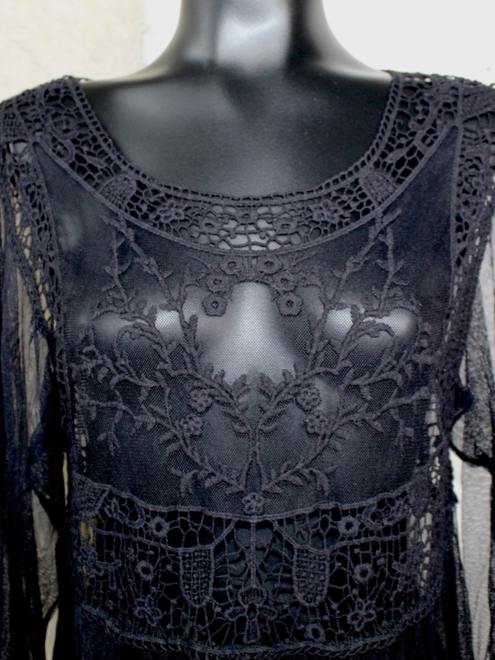 Shyanne Medium Black Sheer Lace Crochet Peplum Top Bell sleeve wester wear - Picture 2 of 9